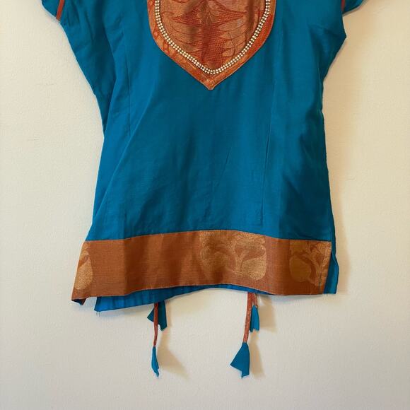 Indian Kaftan 8 short sleeve blouse traditional formal metallic crystal green - Picture 3 of 7